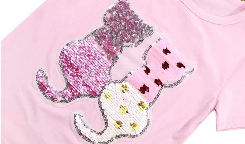 Szytypyl Cats Magic Sequins Girls T-Shirt Fashion Short Sleeve Crew Shirts Child Pink Pullover Tops - Image 3